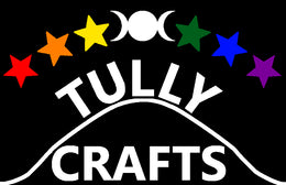 Tully Crafts logo. At the top the triple moon symbol, with red orange and yellow five pointed stars to the left, and green blue and purple stars to the right. At the bottom Tully written above mound line and crafts below it.