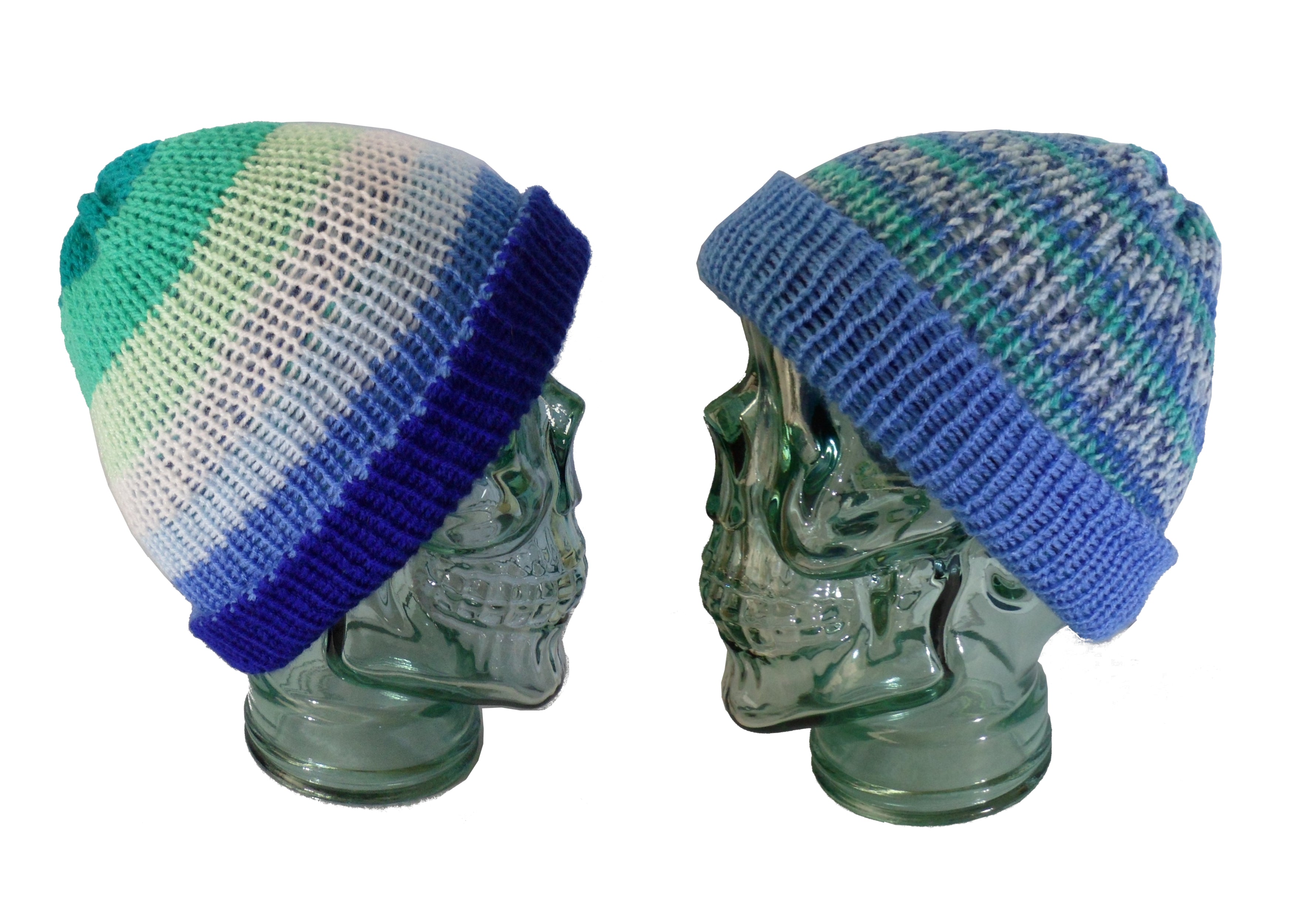 Knitted Gay Male Flag/Blue Variegated Reversible Hat - Tully Crafts